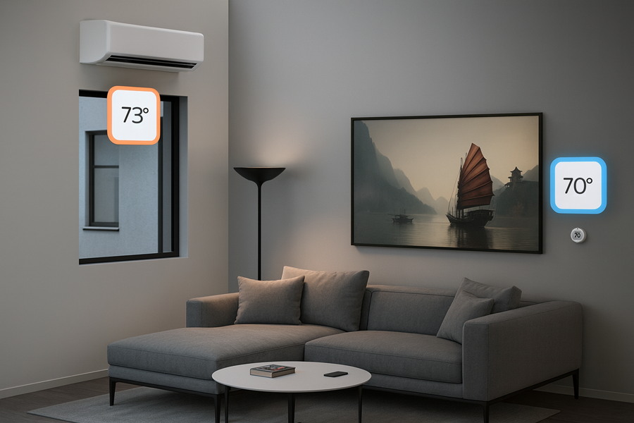 Lounge-Room-with-Mini-Split-Above-Window-Showing-75-Degrees-and-the-Puck-at-Sitting-Level-Showing-70-Degrees.png